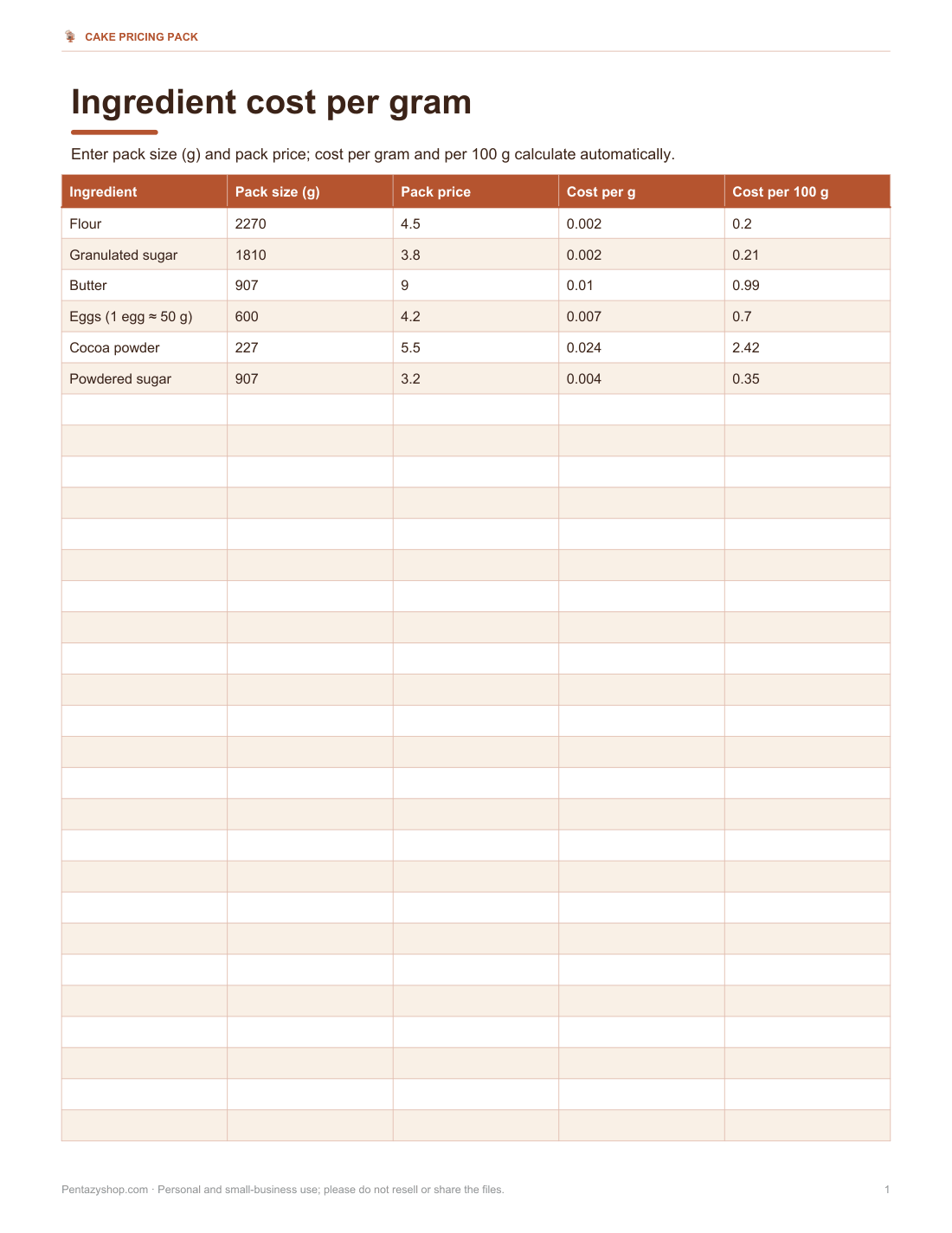 Preview of the first page of Ingredient cost sheet (XLSX)