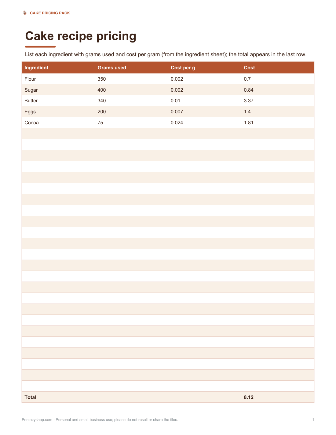 Preview of the first page of Recipe pricing (XLSX)