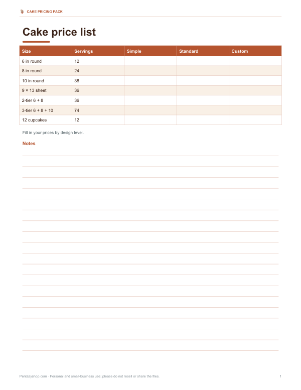 Preview of Printable Cake Price List