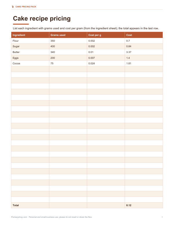 Preview of Printable Cake Recipe Pricing Sheet